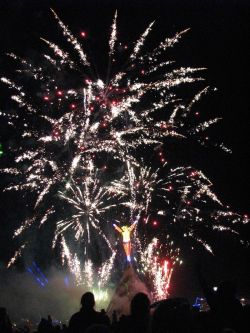 The Man bursts into fireworks-Burning Man 2011